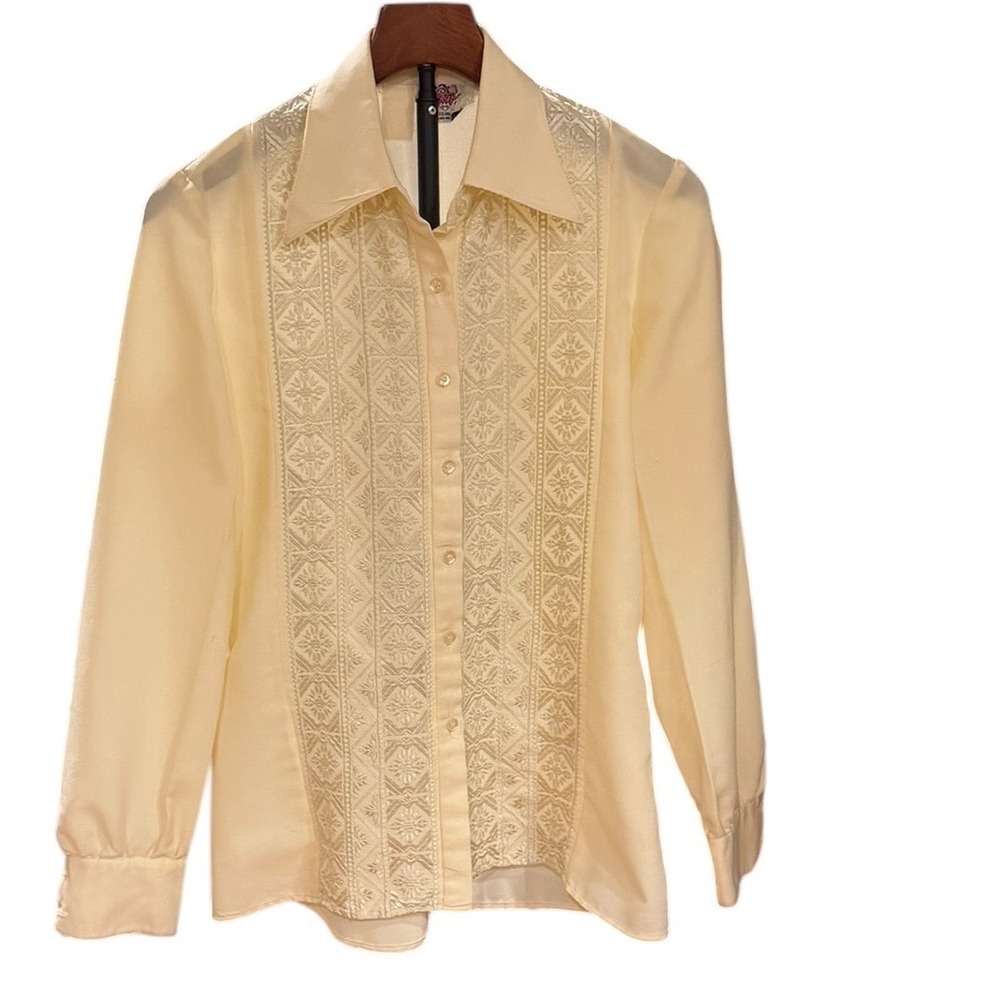 Vtg grannycore Lanz Original Cream Embroidered‎ Button Down Blouse 70s Top M